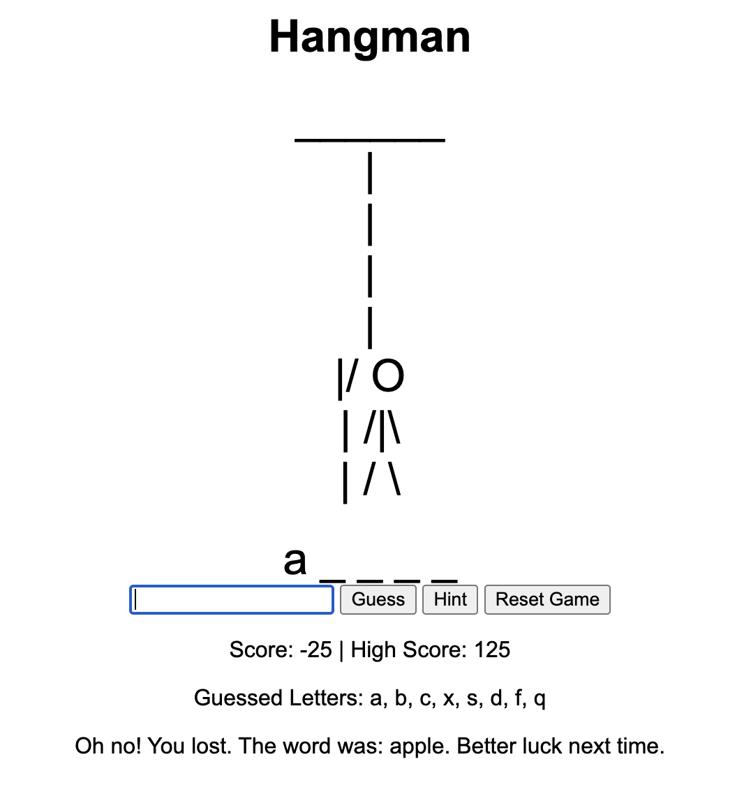 Screenshot of Hangman Game